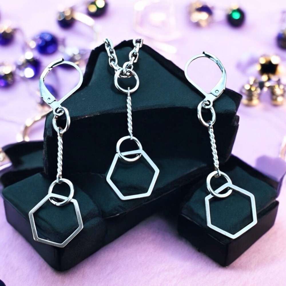 🆕 Hexagon Shaped Necklace and Earrings Set Stainless Steel